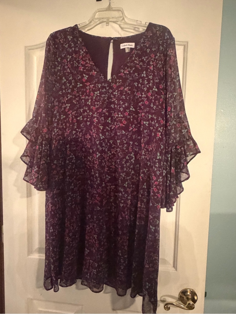 Calvin Klein Purple Floral Ruffle-Sleeve Tunic Top